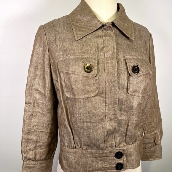 Per Se Women’s Cropped Linen Metallic Jacket Tan Shimmer Blazer Size 6 Safari - Picture 1 of 8